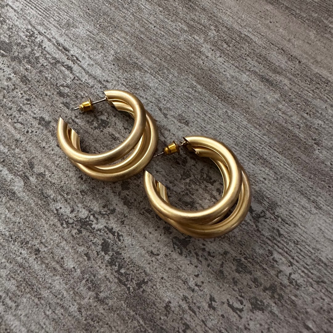 3 Layers Brushed Muted Gold Hoop Earrings, Women's Fashion, Jewelry