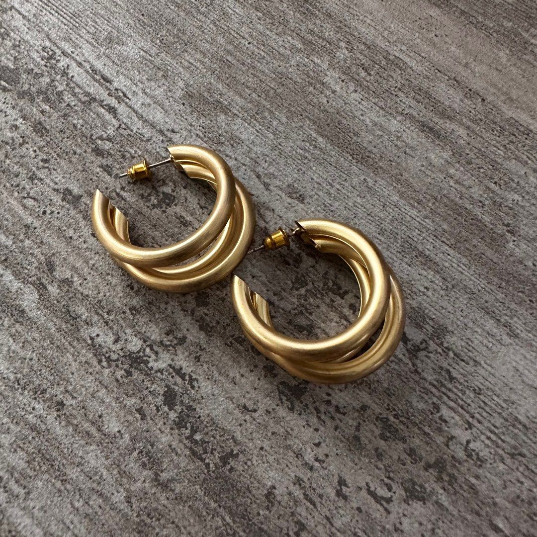 3 Layers Brushed Muted Gold Hoop Earrings, Women's Fashion, Jewelry