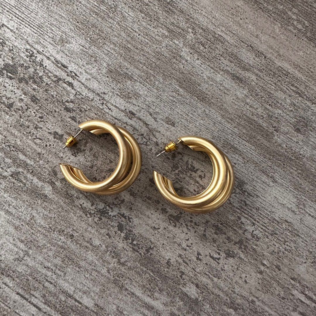3 Layers Brushed Muted Gold Hoop Earrings, Women's Fashion, Jewelry