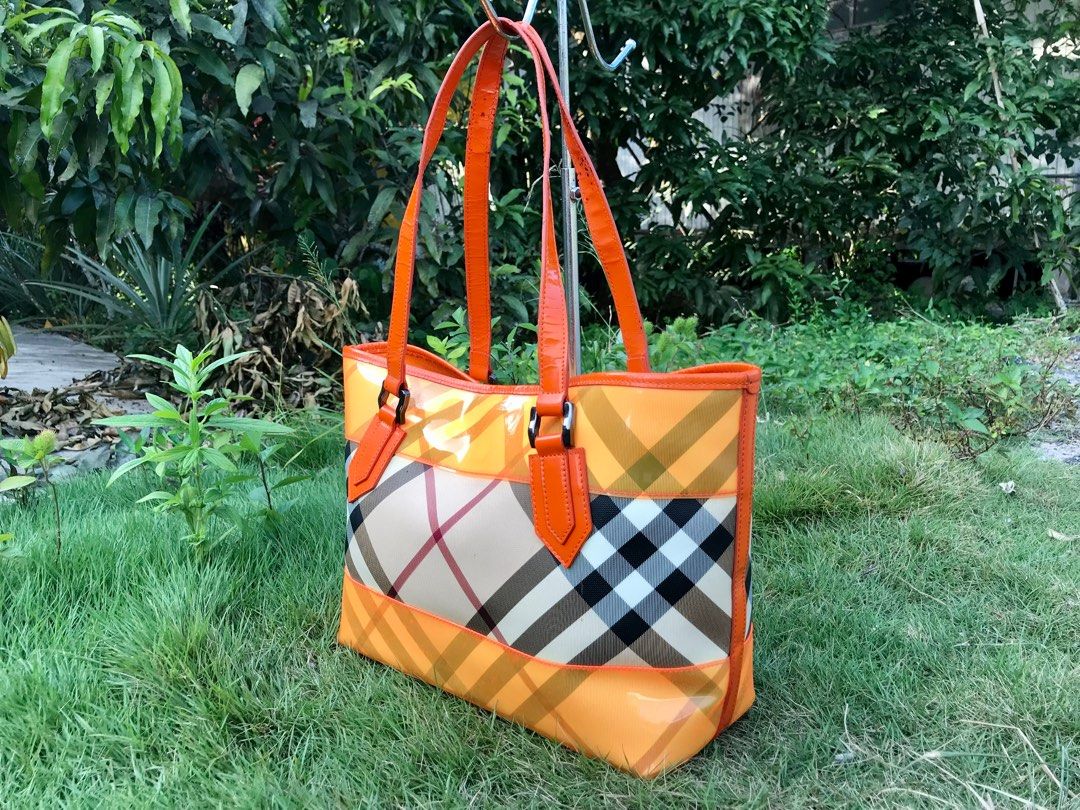 Authentic Burberry Nova Check Orange Vinyl Tote Bag