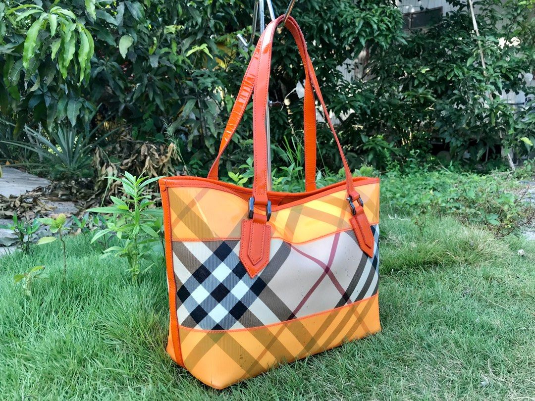 Authentic Burberry Nova Check Orange Vinyl Tote Bag