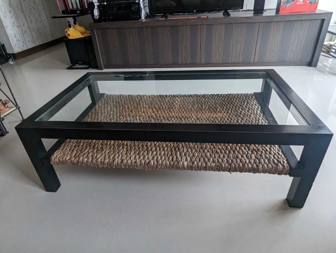 Black wooden coffee table with glass top, Furniture & Home Living