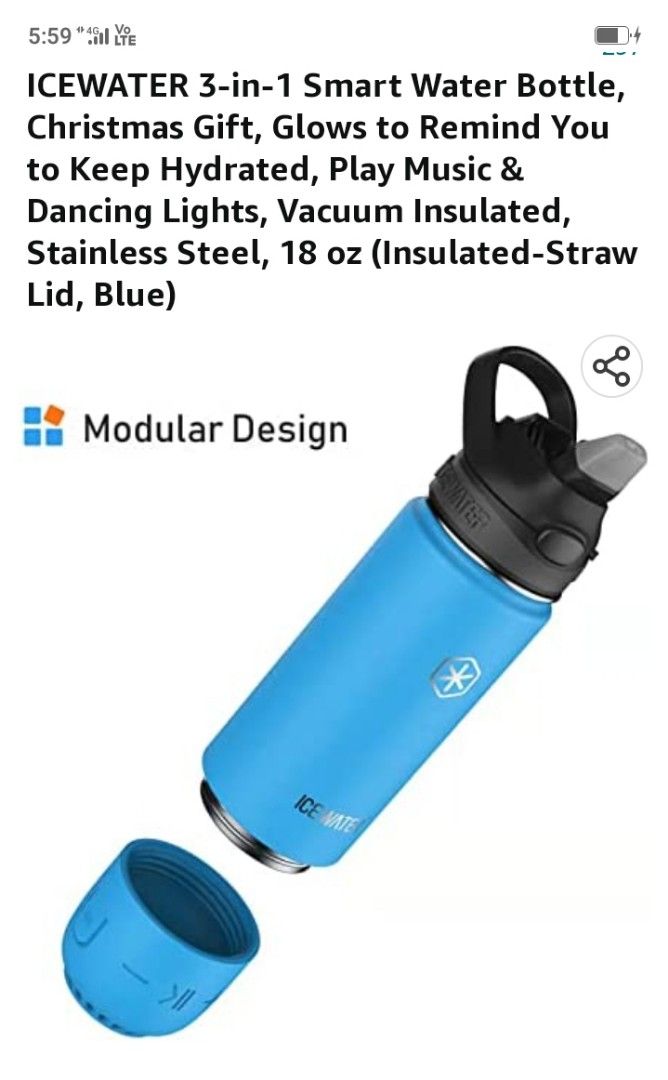 Icewater 3-in-1 Smart Water Bottle, Glows to Remind You to Keep Hydrated, Play Music & Dancing Lights, 20 oz (plastic-straw Lid, Black)