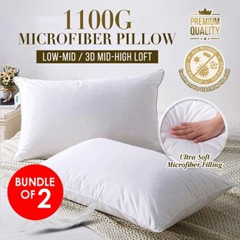 Bundle of 2 Good Premium Quality Pillow Ultra Soft 1100G 1000G Low to Mid Height Microfiber Pillows Anti Fungal Anti Bacterial Anti Microbial Furniture Home Living Bedding Towels on Carousell