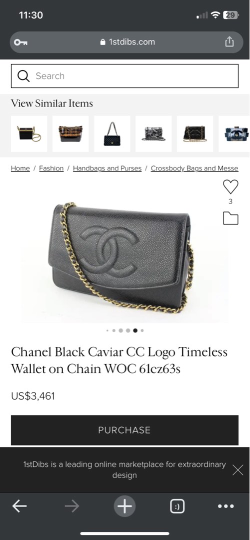 Chanel Black Caviar CC Logo Wallet Sling, Women's Fashion, Bags