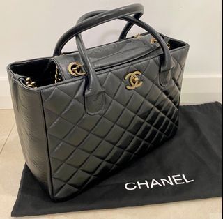 CHANEL Large Quilted Calfskin Leather Handbag, black with brass hardware, CC logo