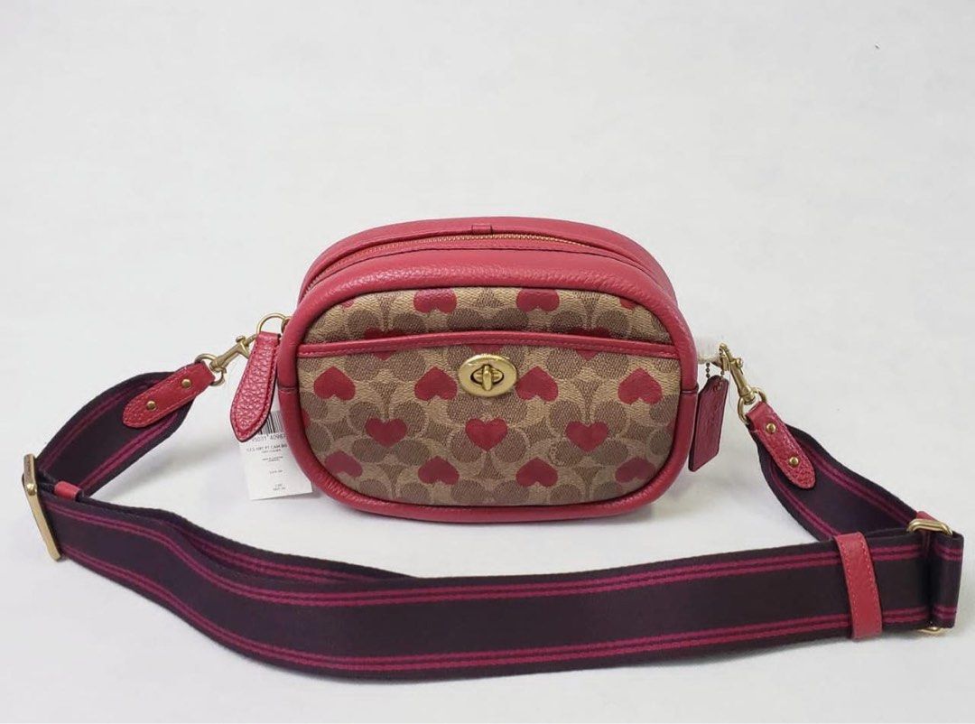 Coach Canvas Signature Heart Print Camera Bag - Tan Red Apple