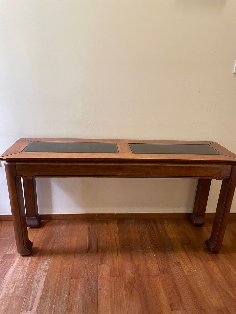 Console table (Category: Tables & Sets) located in Singapore. Submitted by m.poppins (Listing ID 1209695587, Image 1). Description: Side table - glass top / wood frame. Width 137cm, depth 39.5cm, height 67cm. Self pick up at Upper Thomson Road. .