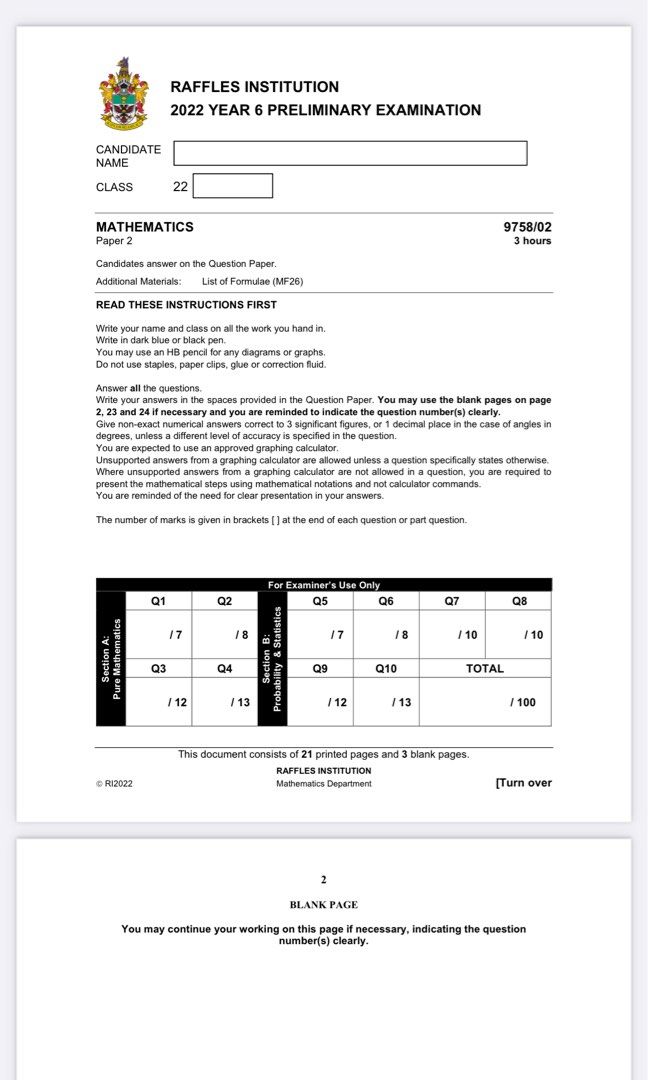 H2 Math Package (2024 A Level/RJC/NYJC/HCI Summary /Cheatsheet /Common ...