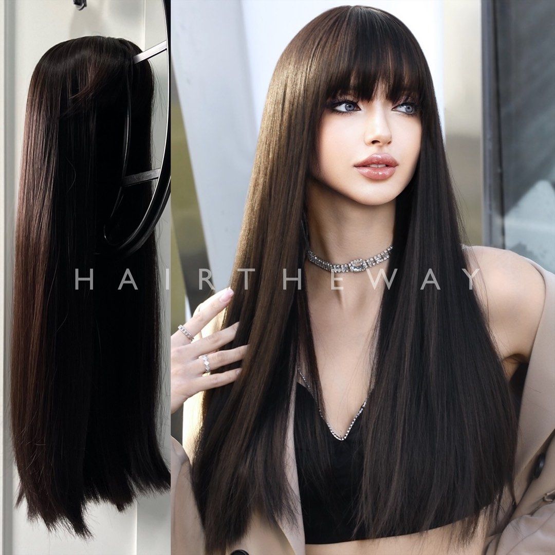 LALISA Natural Dark Brown Long Straight Hair wig with Realistic Bangs Fringe Beauty Personal Care Hair on Carousell