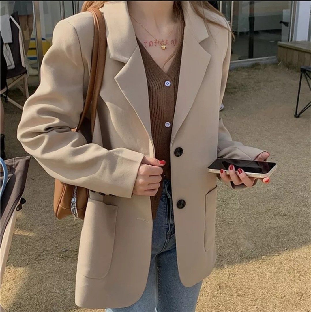Light Khaki Beige Apricot Blazer, Women's Fashion, Coats, Jackets and