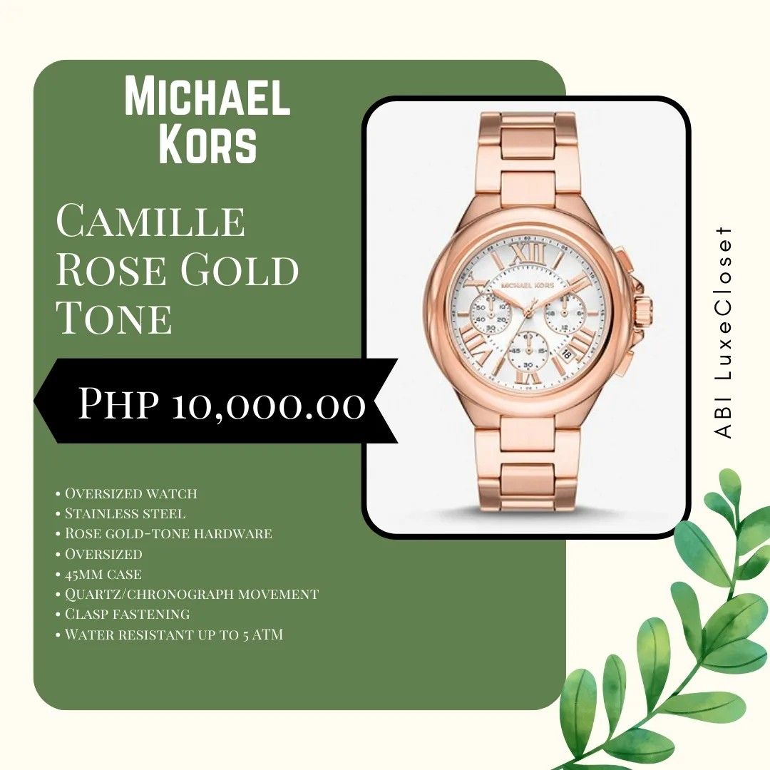 Michael Kors Camille Rose Gold (Category: Women's Watches) located in Quezon City. Submitted by ABI.LuxeCloset (Listing ID 1209729053, Image 1). Description: MK CAMILLE ROSE GOLD ✨ BRAND: Michael Kors DESIGN: Camille Rose Gold Tone ✓Over all Excellent condition, Like new . . ⚜️ You can rest assured that items are AUTHENTIC and true to its BRAND as advertised. 💯 Money Back Guaranteed if found Fake. . . . 📣 Terms and Conditions: No returns, no ex
