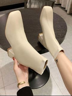 white cream Square Toe Chunky Heeled Boots