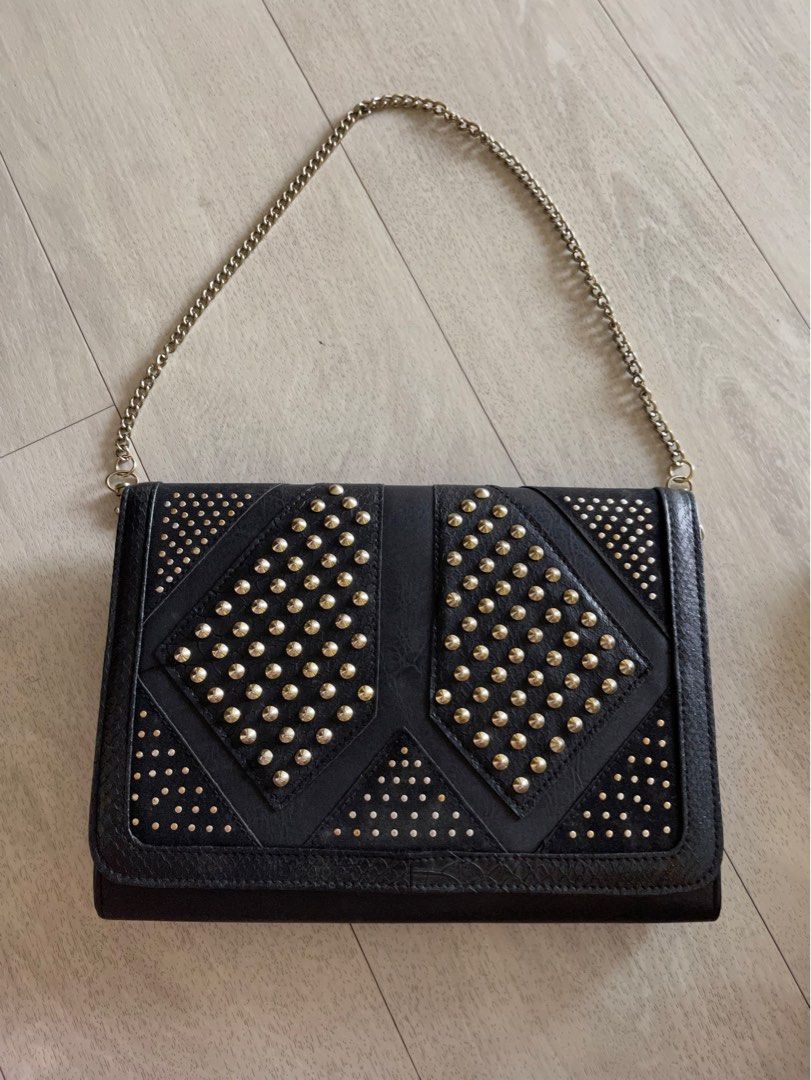 Miss Selfridge Black Leather Gold Studded Ladies Shoulder Bag Hand