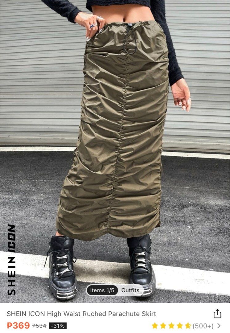 Parachute skirt army green (Category: Skirts) located in Pasig City. Submitted by fald__ (Listing ID 1209766251, Image 2). Description: Used once only for a few hrs :) last price posetd Selling the corset top for 500! Bought online for 700.