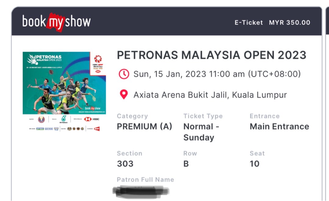 Petronas Malaysia Open 2023 FINAL Premium (A) tickets x2, Tickets