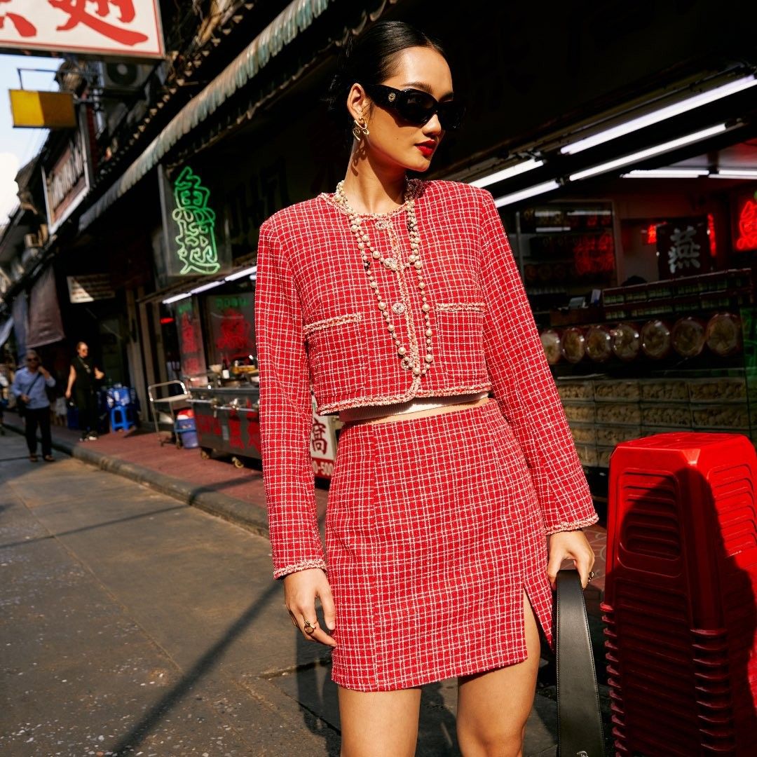 Pomelo lunar Chinese new year tweed set jacket skirt skorts red