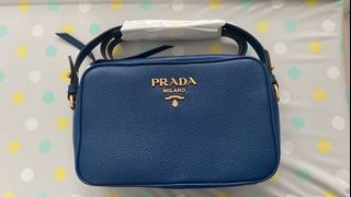 New Prada Vitello Phenix Baltico Blue Leather Flap Crossbody Bag 1BD163 