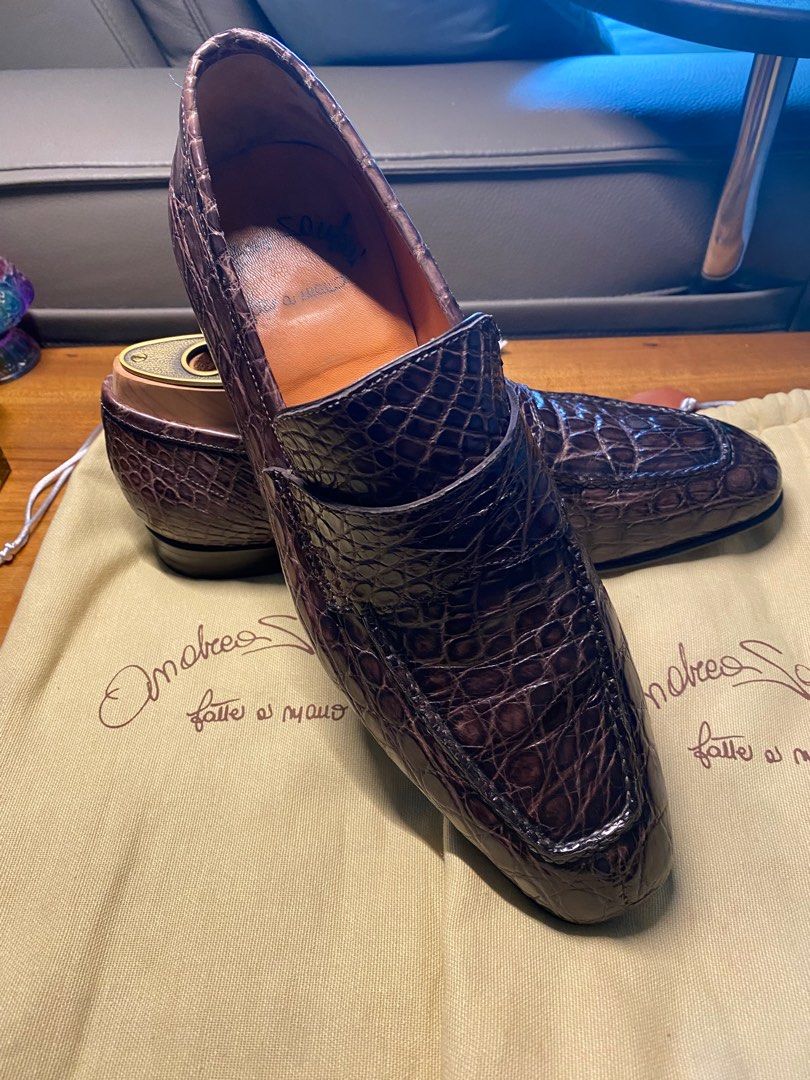 Pre owned Santoni genuine Cayman Crocodile skin dark brown loafers handmade in Italy Price Firm