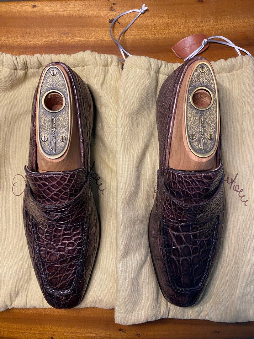 Pre owned Santoni genuine Cayman Crocodile skin dark brown loafers