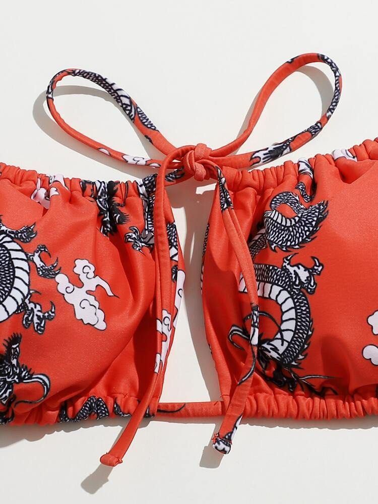 Shein Curve Plus Size Dragon Print Tie Bikini, Women's Fashion