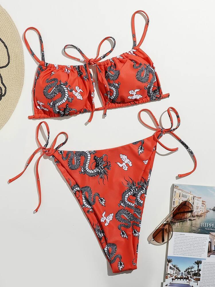 Shein Curve Plus Size Dragon Print Tie Bikini, Women's Fashion