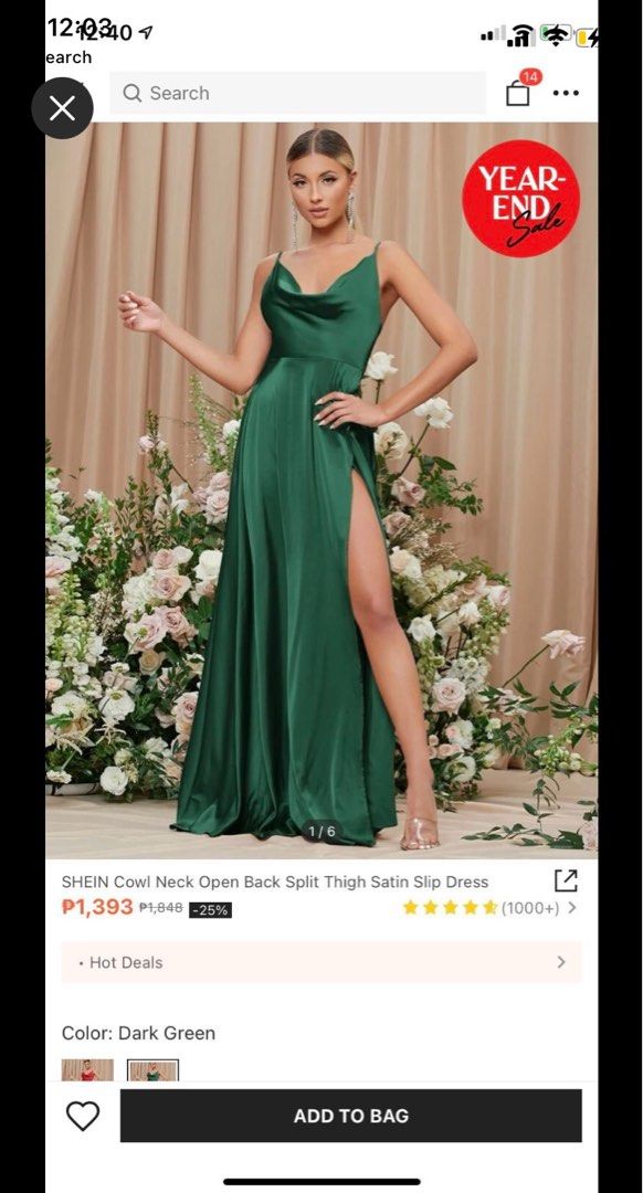 Shein long silk green dress, Women's Fashion, Dresses & Sets, Evening