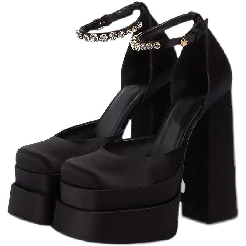 Super High Mary Jane Satin Rhinestone Strap Thick Chucky Platform ...