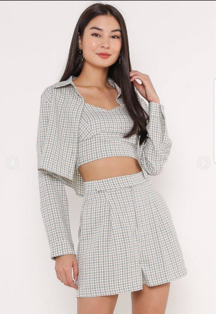 Supergurl Giselle Gingham Cropped Shirt in Sage Green Check, Women's ...