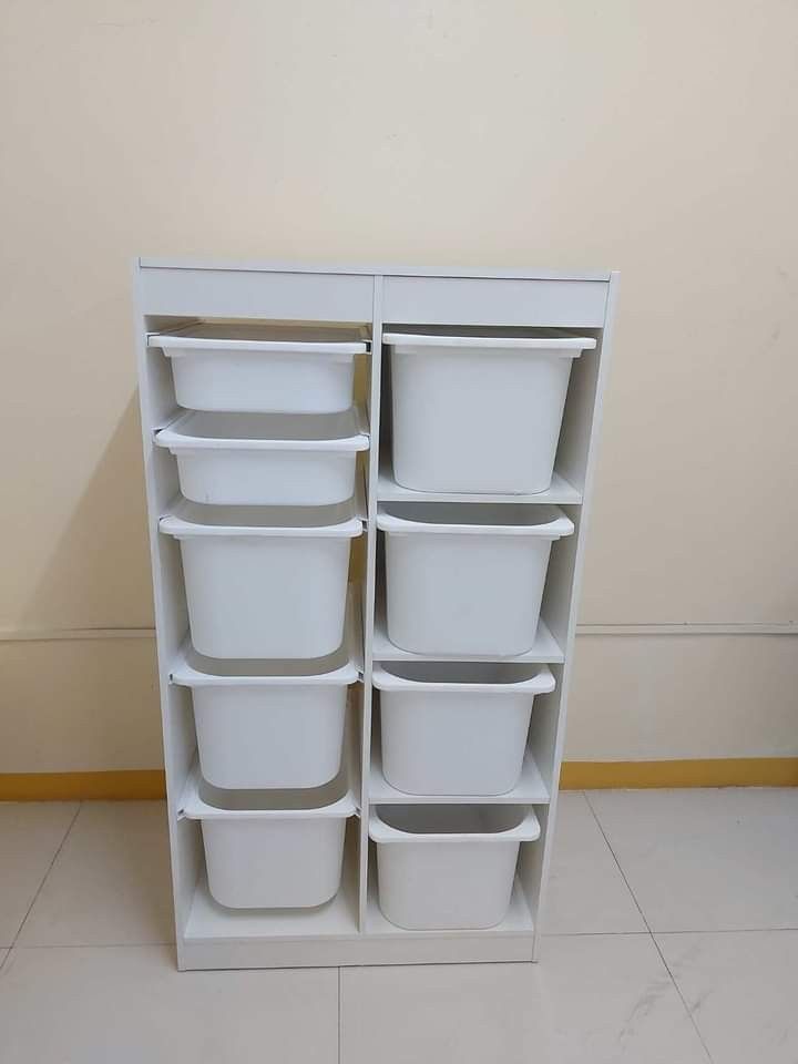 Trofast inspired shelf (Category: Shelves, Cabinets & Racks) located in Valenzuela. Submitted by mhegz.25 (Listing ID 1209661719, Image 3). Description: Trofast Inspired Shelf Size: 65*42*120 cm LWH Color: White Material: MDF Wood 1. Shelf with 2 pcs XL, 3 pcs XXL Trays 2. Shelf with 6 pcs XL, 3 pcs XXL trays 3. Shelf with 2 pcs XL, 7 pcs XXL Trays Message me for order📩.