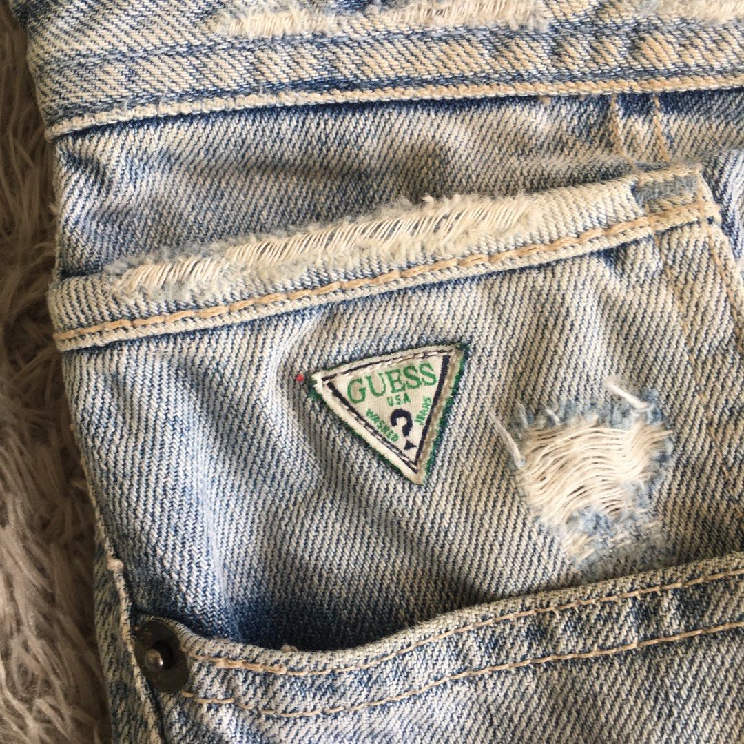 Vintage Guess Jeans Green Logo Fesyen Pria Pakaian Bawahan di