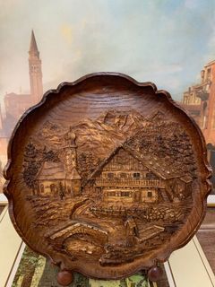 Vintage Italian detailed carved wood  Alpine chalet , surrounded by mountains. wall plate 9”