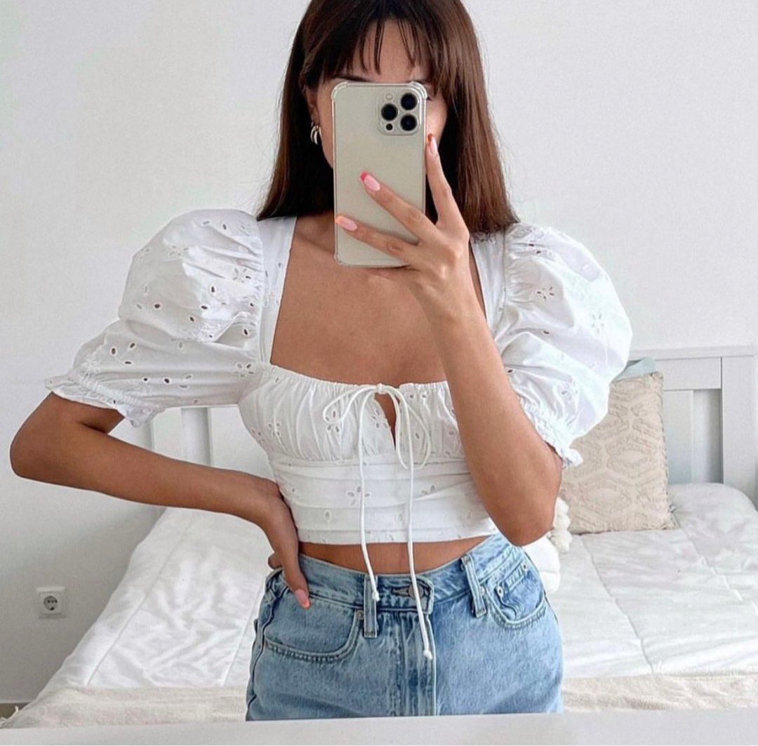 Zara top with cutwork embroidery, Women's Fashion, Tops, Blouses on  Carousell