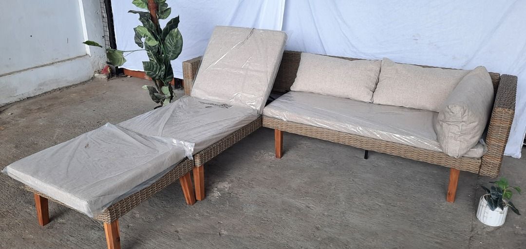 3 Piece Wicker Corner Lounge Set (Category: Sofas) located in San Pedro. Submitted by affordable_surplus.1 (Listing ID 1209917286, Image 3). Description: 3 Piece Wicker Corner Lounge Set P14,500 SOFA Width: 150cm Depth: 75cm Height: 64cn CHAISE Width: 74cm Depth: 150cm Height: 64cm TABLE Width: 64cm Depth: 64cm Height: 32cm MATERIALS Made from a lightweight powder-coated aluminum frame with high PE rattan wicker weaving and FSC 100% Acacia timber