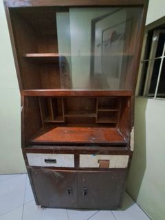 Antique Display Desk-Cabinet with Glass Sliding Compartment and Drawers