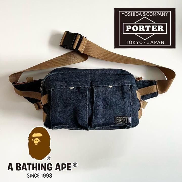 BAPE × PORTER DENIM INDIGO WAIST BAG, 他的時尚, 包, 腰包與手提包在