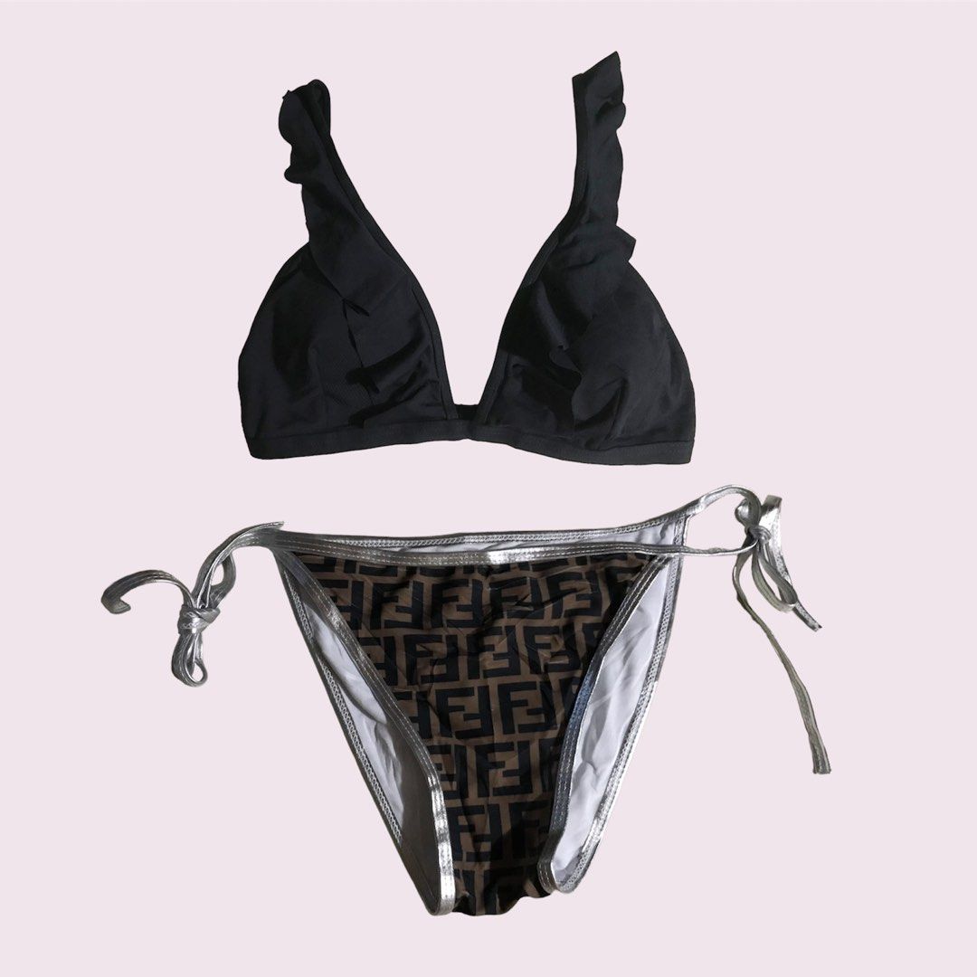 Sexy Black Ruffles & Brown Padded Summer Beach Bikini Pair Set Swimsuit ...