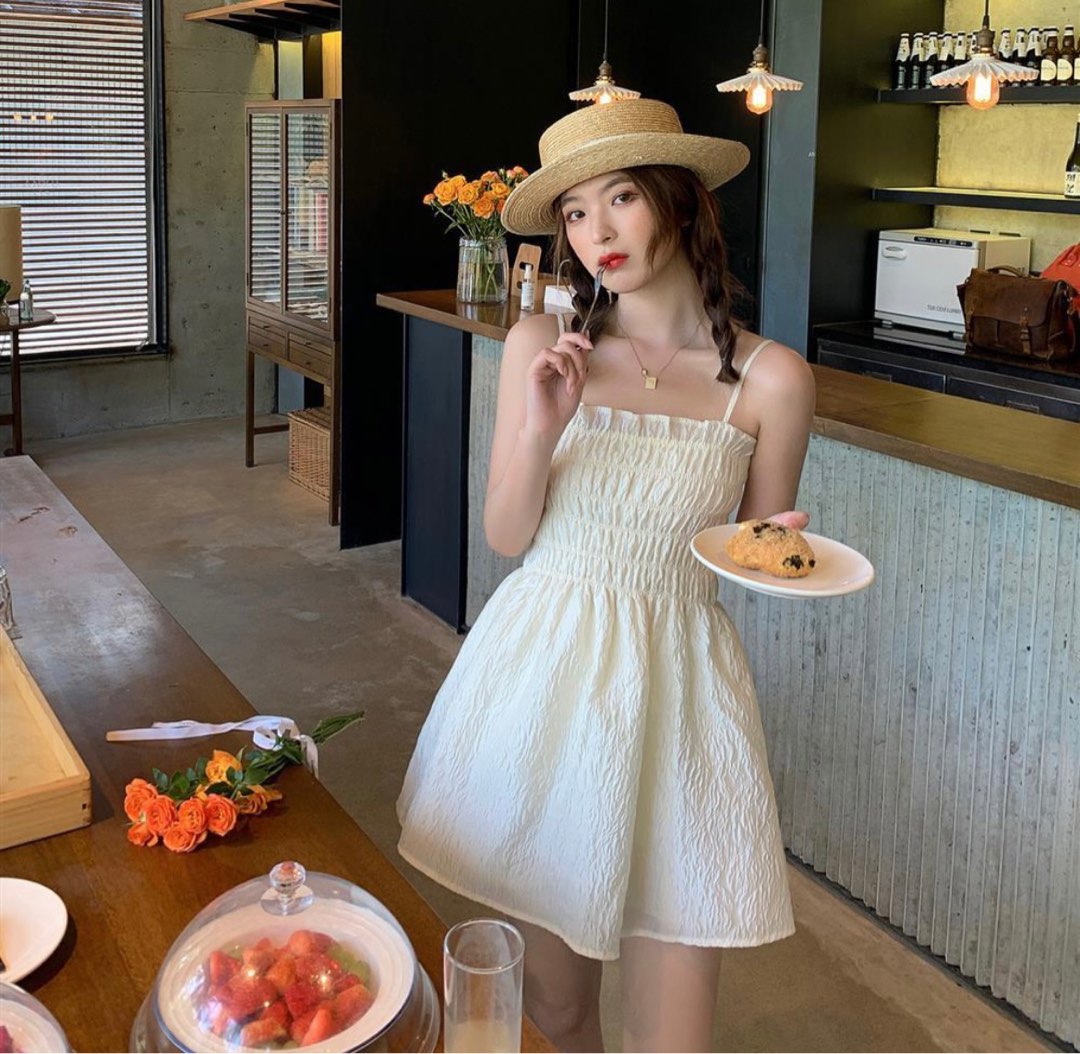 French style white spaghetti strap dress, princess short dress main image 1