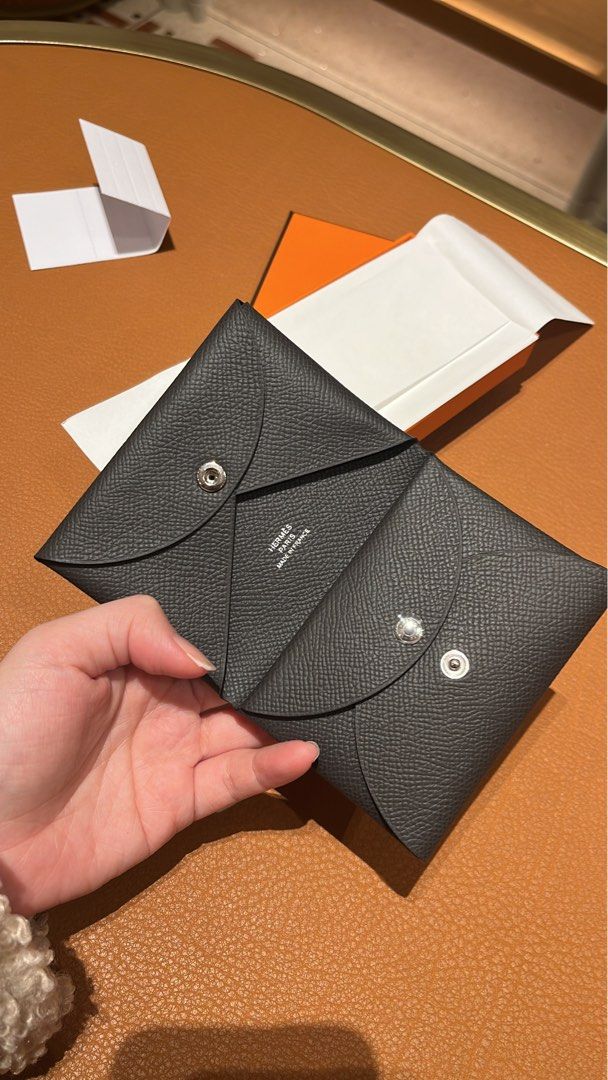 Hermes Calvi Duo Card Holder in Etoupe Epsom Leather