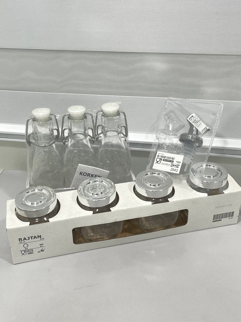 IKEA Glass Jars + Glass Bottle + Pourer, Furniture & Home Living