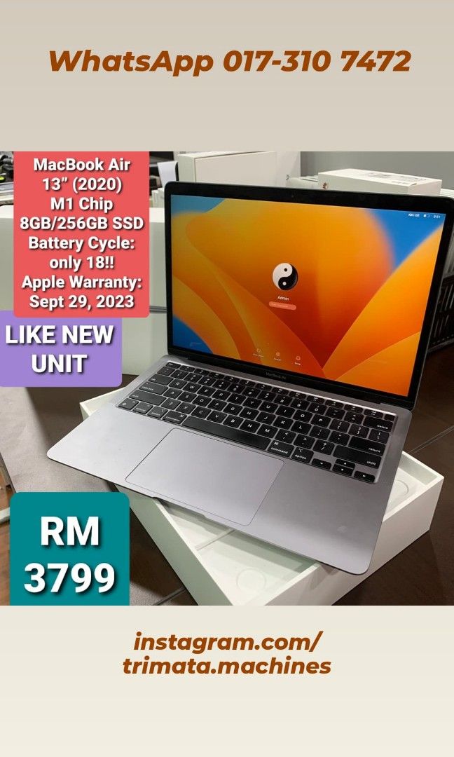 MacBook Air 13” (2020) M1 Chip 8GB/256GB SSD•Battery Cycle: only