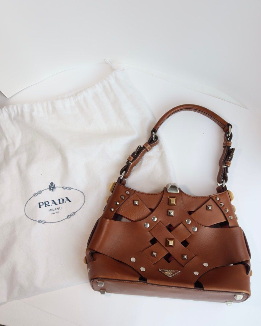 Prada Leather Woven Studded Lattice Shoulder Bag