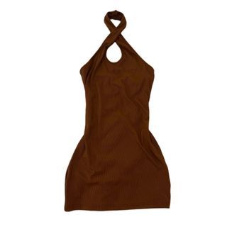 ribbed body con cross-neck/halter brown dress