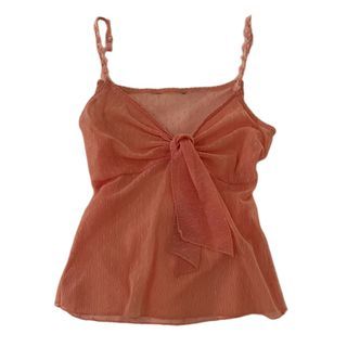 salmon pink mesh tie-front spaghetti strap top