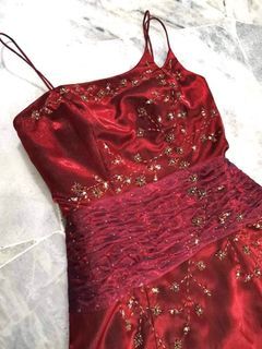 Sequins Evening Gown Dinner Wear Red Wine Satin Glossy Long Dress