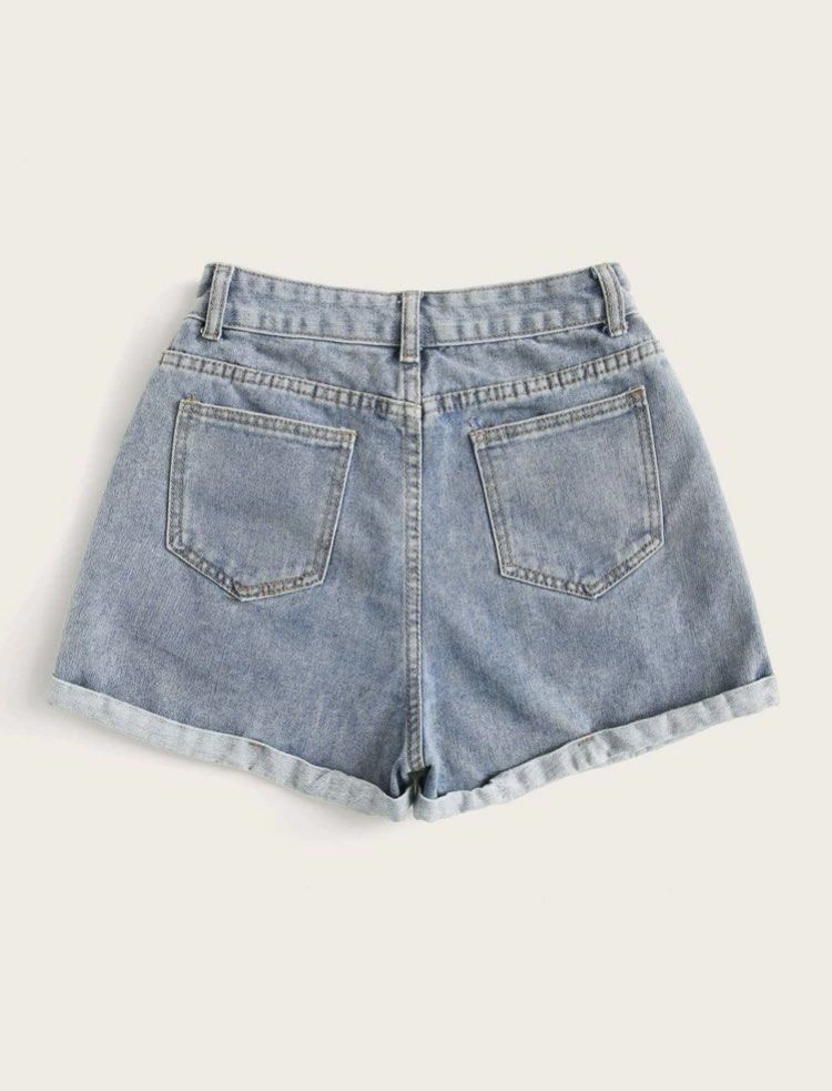 SHEIN Rolled High-Rise Denim Shorts (Category: Shorts) located in Quezon City. Submitted by dishii (Listing ID 1209885204, Image 2). Description: New! SHEIN Rolled High-Rise Denim Shorts Size: Large Washed but never worn, for fitting only RFS: Too small for me MOP: BDO, GCash.