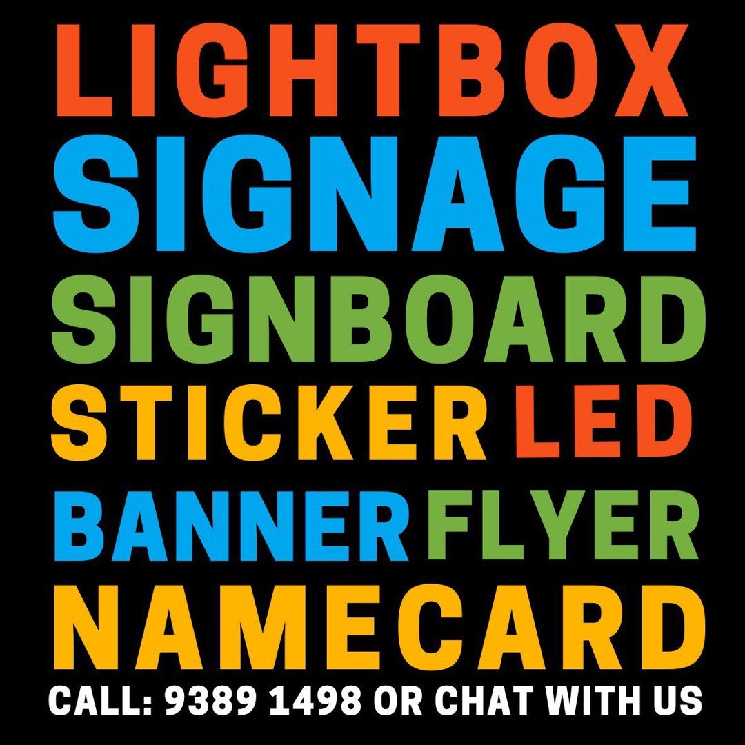 Specialized Signages-Lightbox, Signboard, Sticker, LED, Banner, Flyer, Poster, Namecard, Stamps and more! (Category: Art & Prints) located in Singapore. Submitted by tanglongsign (Listing ID 283820070, Image 1). Description: More than 15 years of One-stop Signage Platform experience, we do Lightbox, Signage, Signboard, Sticker, LED, Banner, Flyer, Poster, Namecard, Stamps and more! We look forward to help you build your artwork so free feel to ch