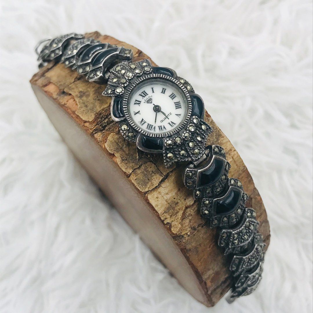 Vintage Diamond Brand Watch in Sterling 925 Silver with Genuine Onyx and Diamante Negra Marcasite Stones Art Deco Antique Wrist Watch