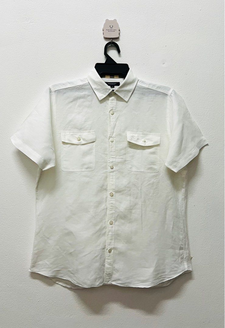 ANN1889 burberry men M size double pocket casual white shirt