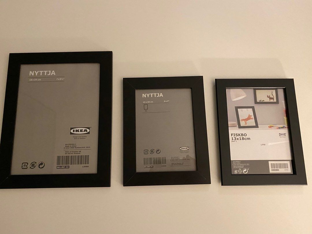 Assorted Ikea Frames (Category: Frames & Pictures) located in Singapore. Submitted by njw82 (Listing ID 1210239297, Image 2). Description: Customise and build your own gallery wall! Assorted ikea frames available: Nyttja 18x24cm / 7x9.5” 27 pcs available $1.50 each Nyttja 13x18cm / 5x7” 24 pcs available $1 each Fiskbo 13x18cm / 5x7” 96 pcs available $1 each Self collect from Jalan Eunos or delivery can be arranged via grab.